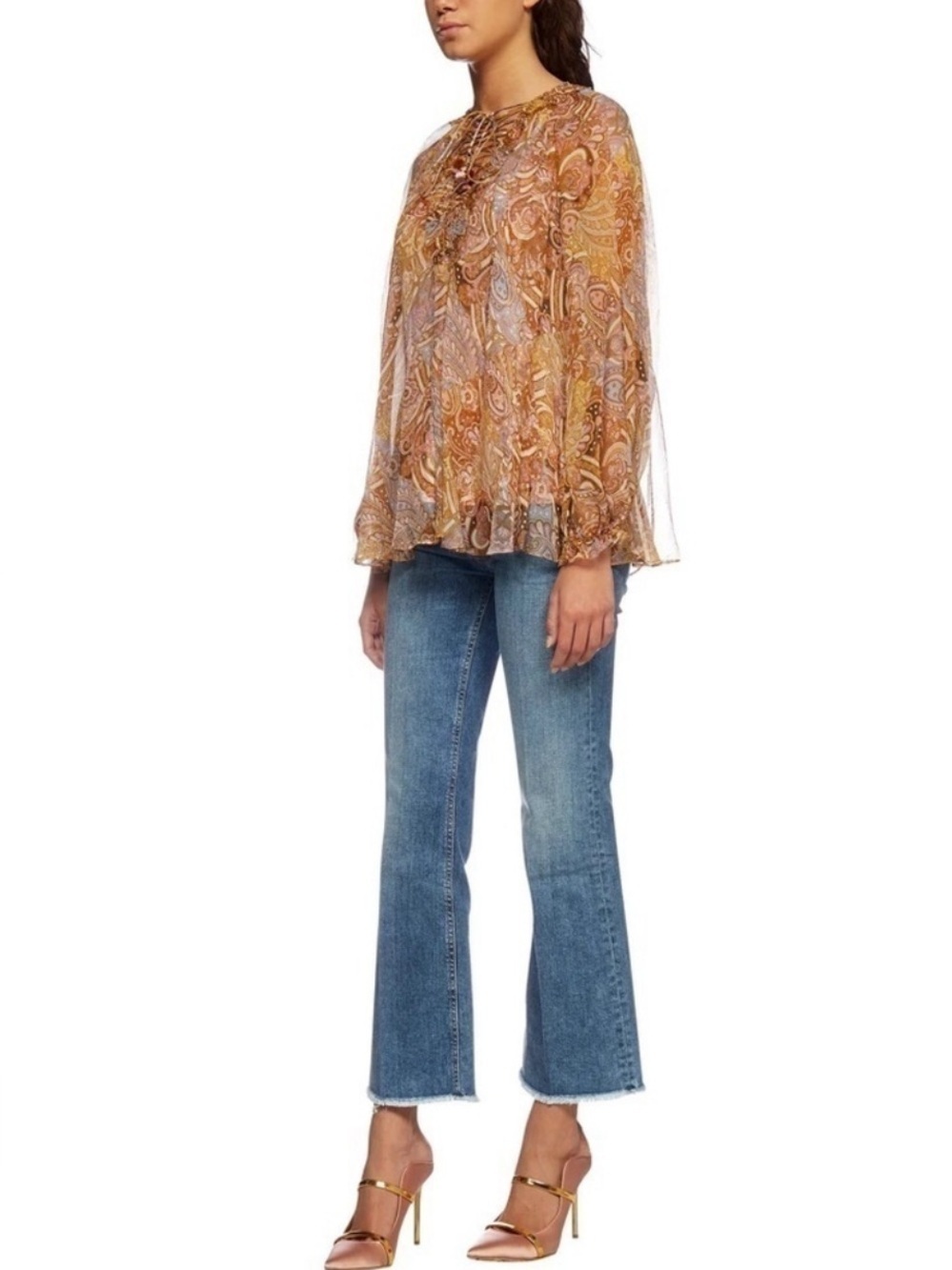 NWOT Zimmermann AU 1/ US Small Paisley Lace-Up Ruffle Blouse in Gold and blues - Picture 3 of 15